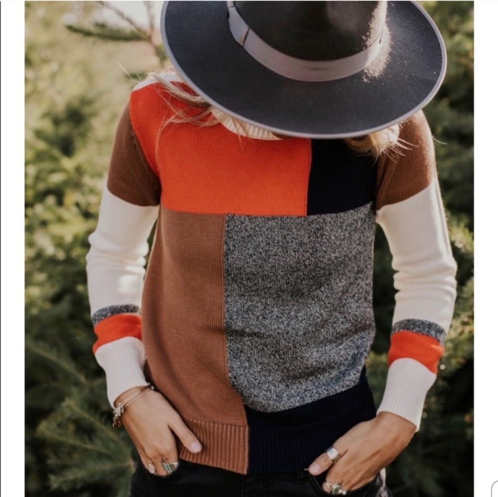Roolee Colorblock Pullover Sweater in Orange, Brown, Black, Cream, Gray